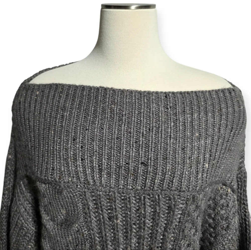 EUC FREE PEOPLE COZY CABLE OFF-SHOULDER CHARCOAL GREY SWEATER SZ XS